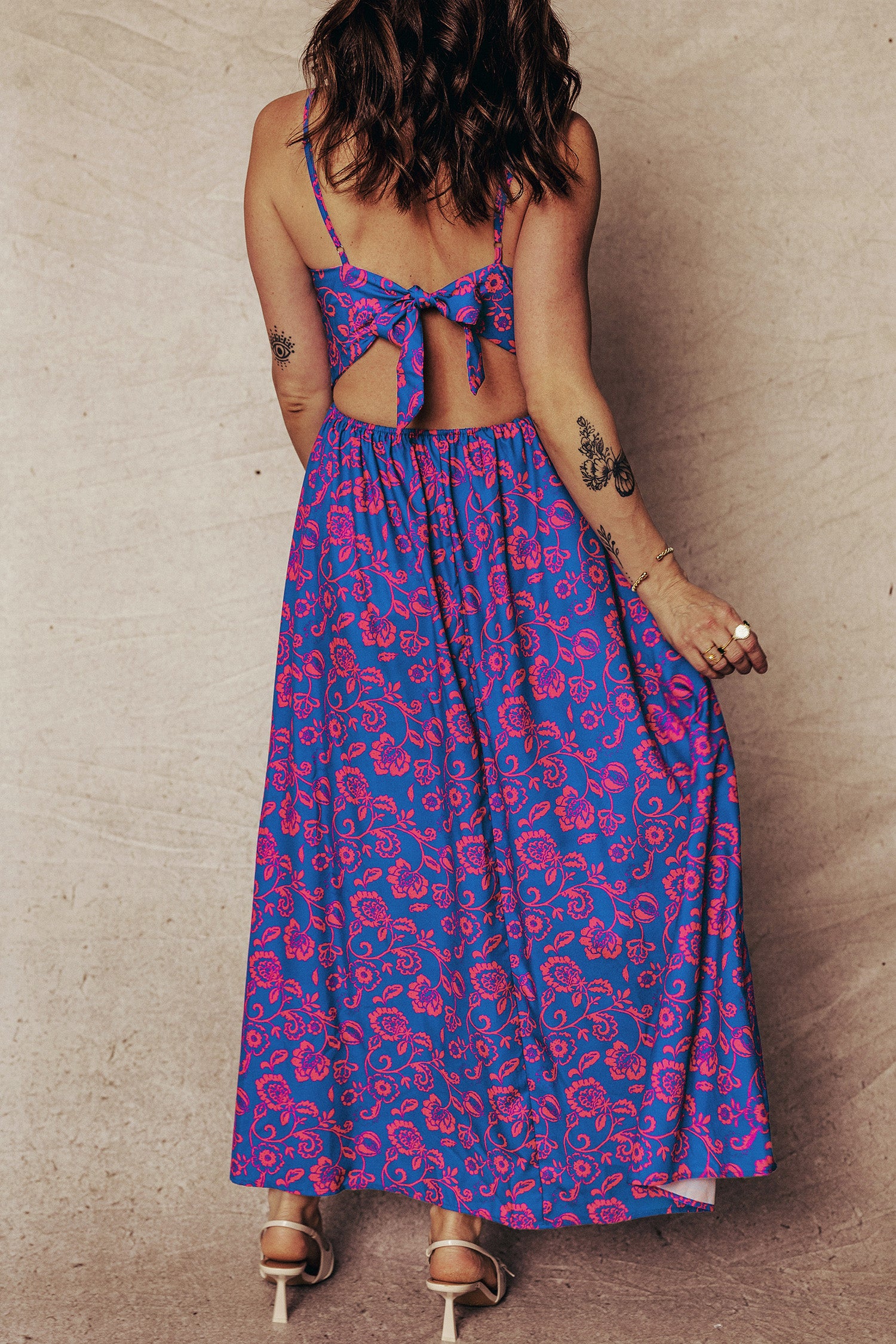 Blue Floral Print Twisted V Neck Tied Backless Maxi Dress 2c7194dc2eabe956