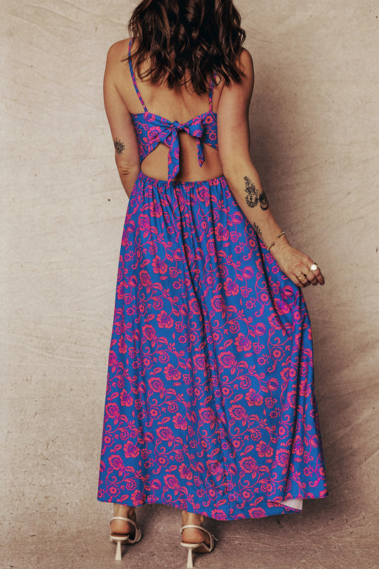 Blue Floral Print Twisted V Neck Tied Backless Maxi Dress 2c7194dc2eabe956
