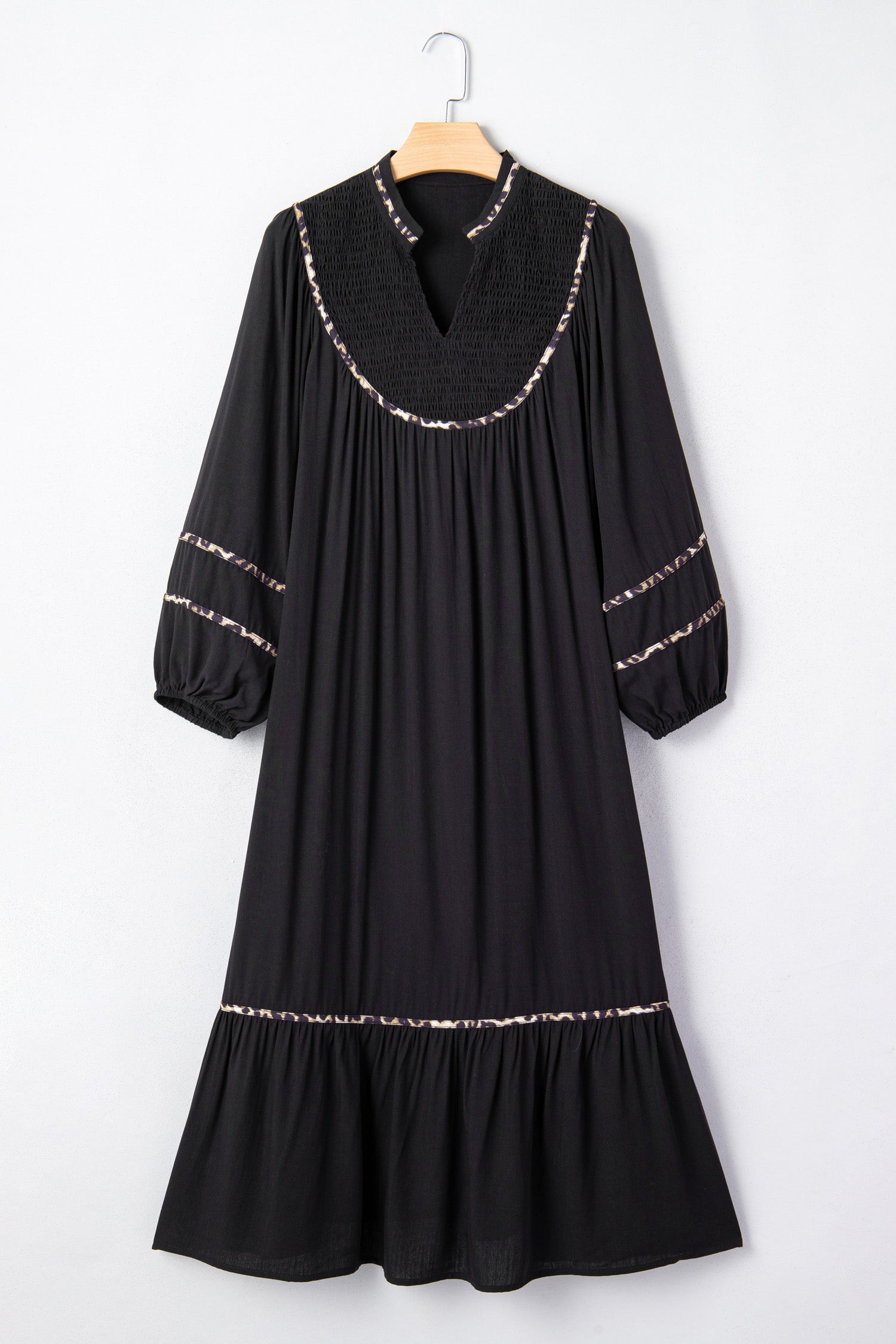 Black Contrast Leopard Trim Split Neck Long Sleeve Casual Midi Dress 2c75957a56632090