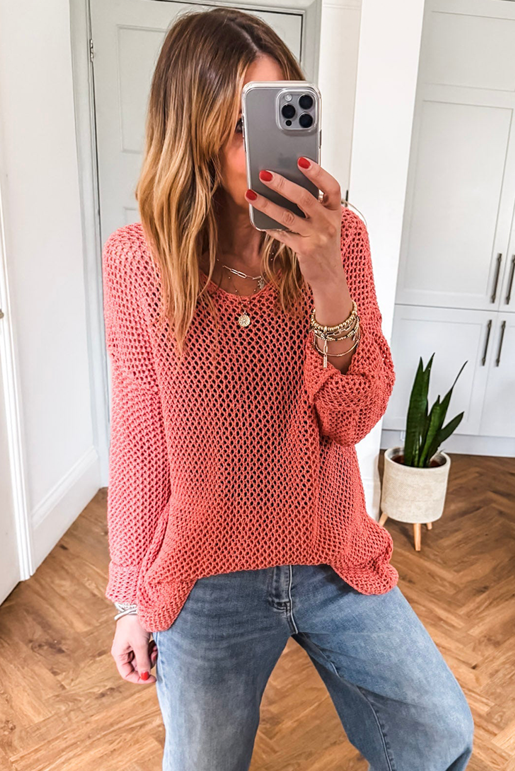 Coral Crochet Hollow-out Knit Sweater 2c782c6f767a6ece