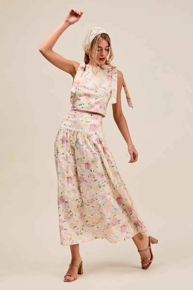 SO ME Floral Printed Woven Shoulder Bow Tie Top and Skirt Set 2c78ec30bbf94597a842c893764ea898-Max-Origin