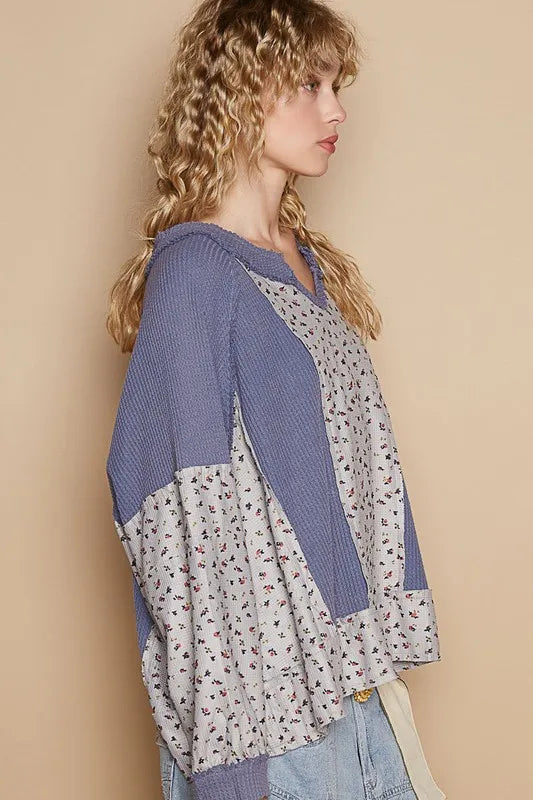 Waffle Knit Floral Notched Long Sleeve Top 2c7aac4c-f61c-4220-9ad1-69e8cd56166c-Max