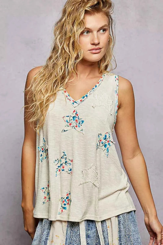 POL Floral Print Star Patch V-Neck Ribbed Tank NATURAL 2c7cc0e2-967b-4ffe-b034-bcdc7194472b-Max-Origin
