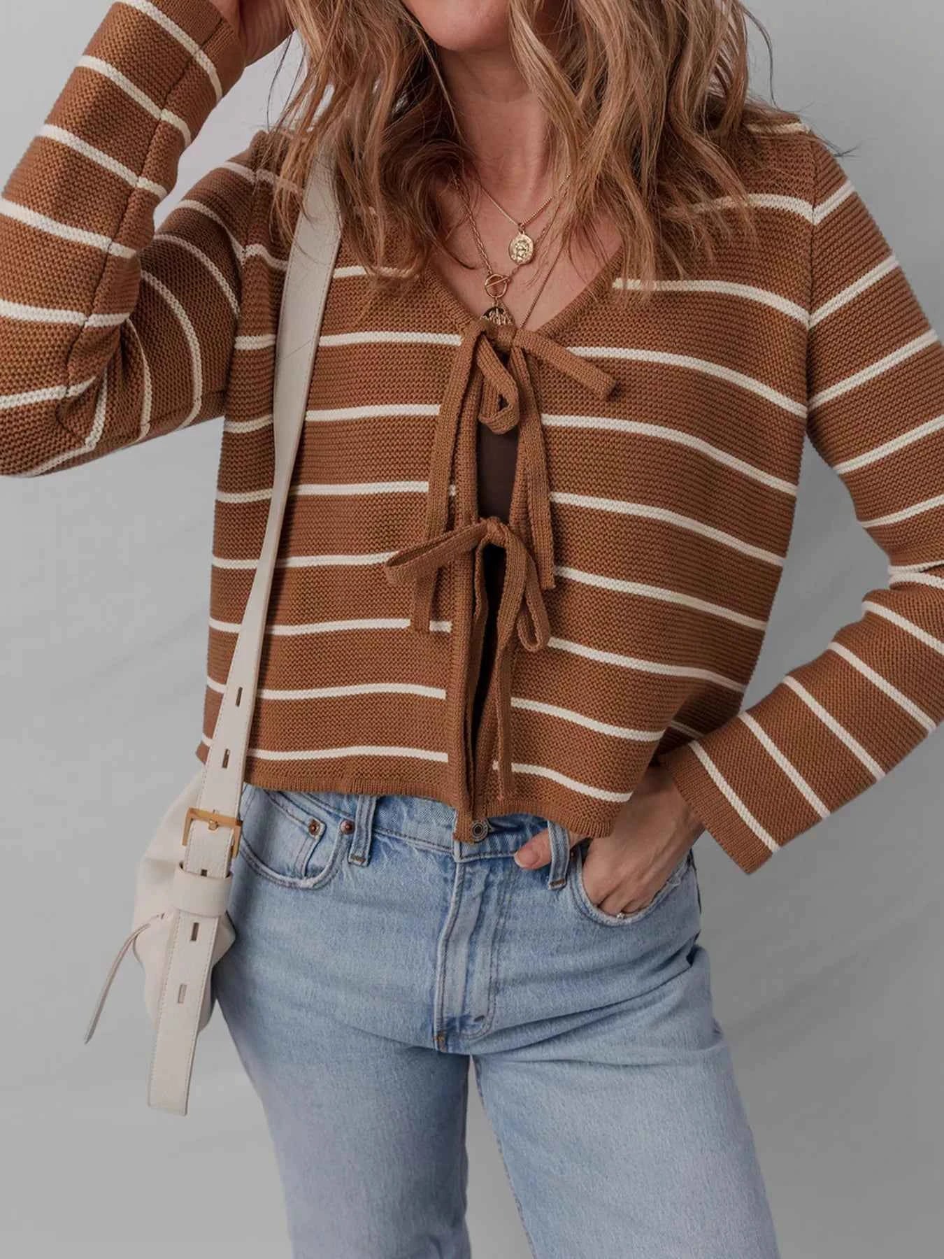 Tie Front Striped Knit V Neck Cardigan 2c7d0ee11f8f4efdb0fd0d40c29804e0-Max-Origin