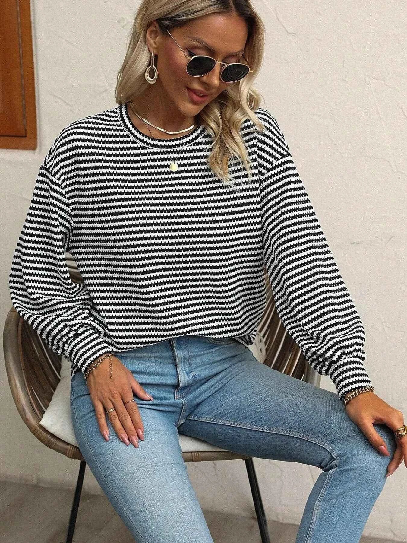 Striped Round Neck Lantern Sleeve Top 2c829854235e4edcbb165682b13ebb49-Max-Origin