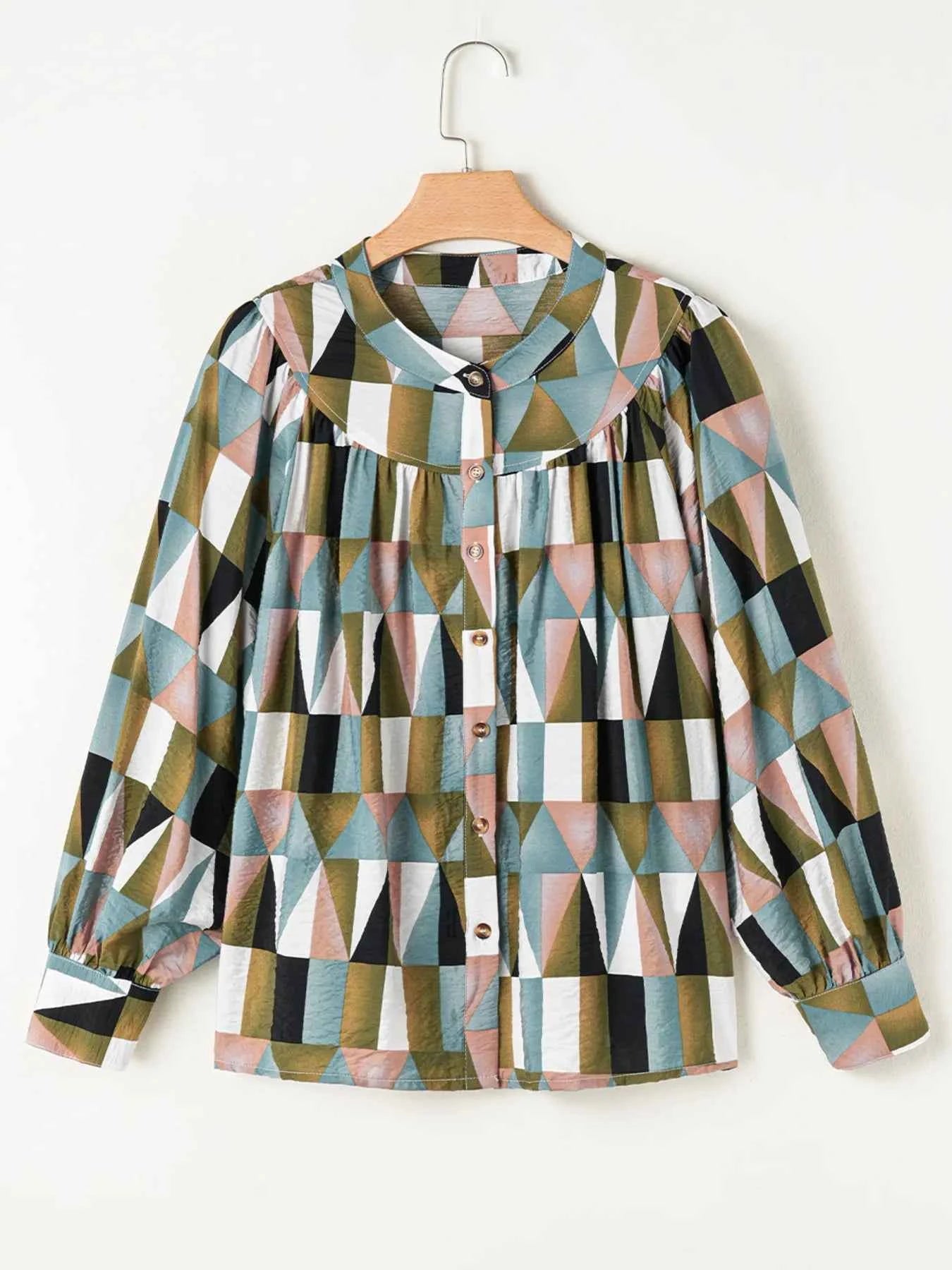 Geometric Print Buttoned Balloon Sleeve Loose Fit Shirt 2c82ef33dd9b461c996a91cc39e0f856-Max-Origin