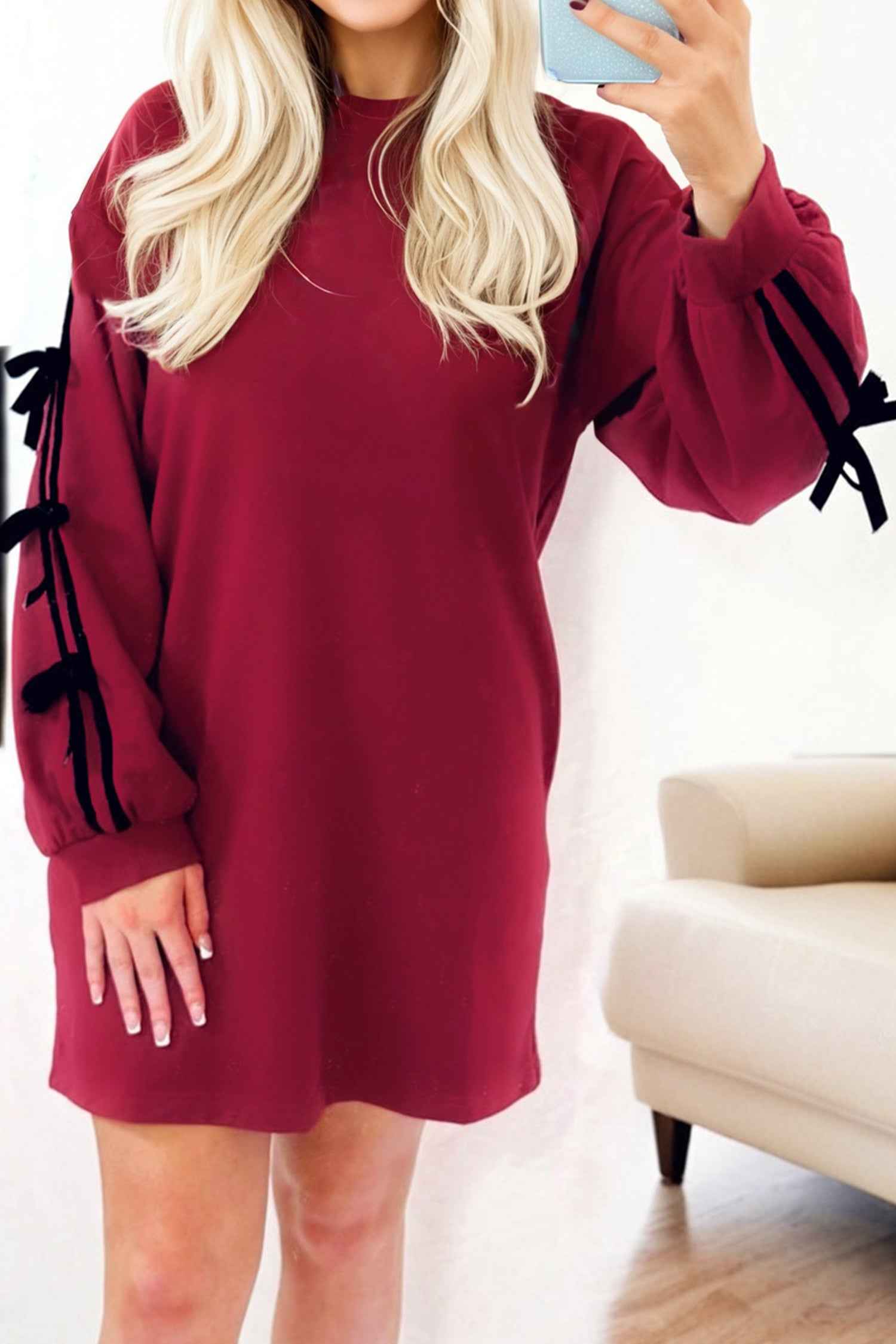 Racing Red Contrast Striped Bow Detail Drop Shoulder Sweatshirt Dress with Pockets 2c849e7d07c89996