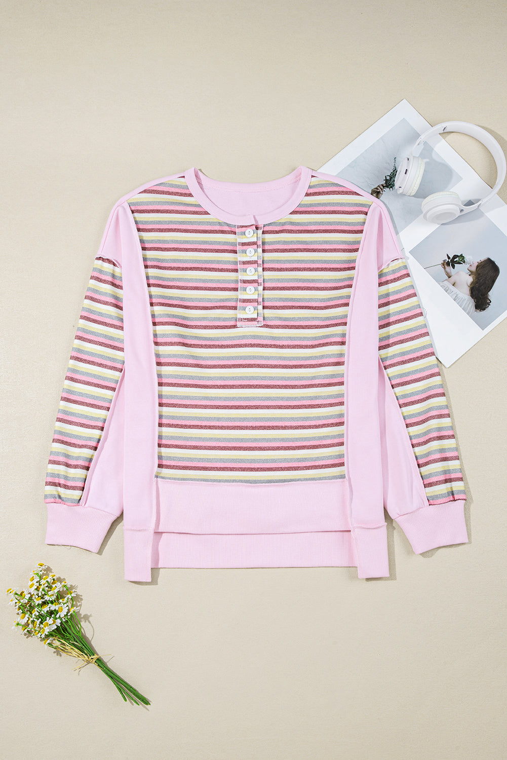 Pink Striped Patchwork Button V Neck Pullover Sweatshirt 2c8598006979e215