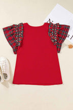 Racing Red Plaid Pearl Ruffled Sleeve Knitted Christmas Holiday Plus Size Top 2c85ab29c3ec1dd3