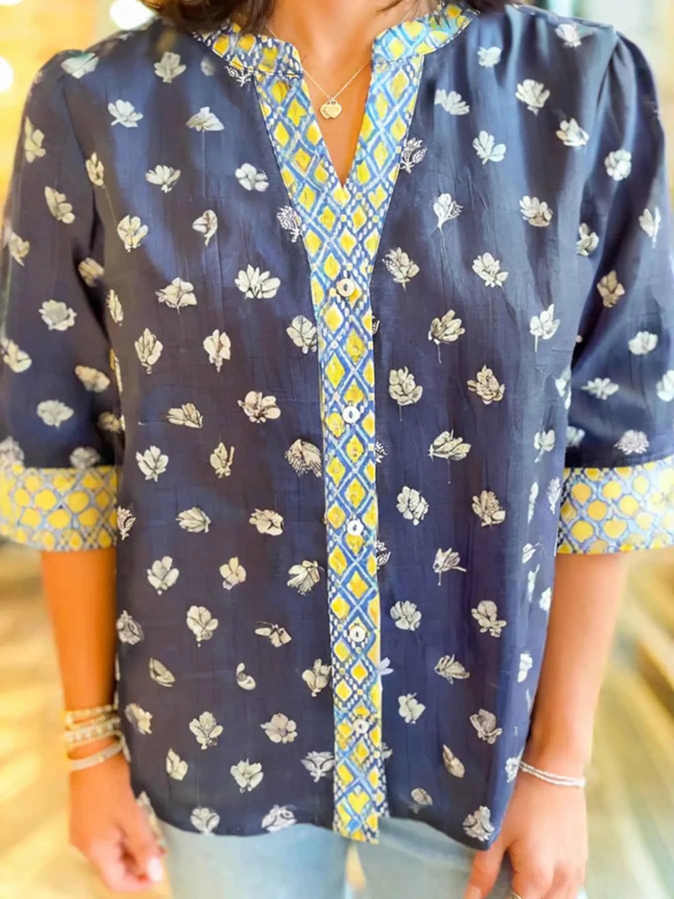 Floral Print Half Sleeve Contrast Trim Blouse Navy 2c8a0d92eef44ffcb0bc3c2b8f32b470-Max-Origin