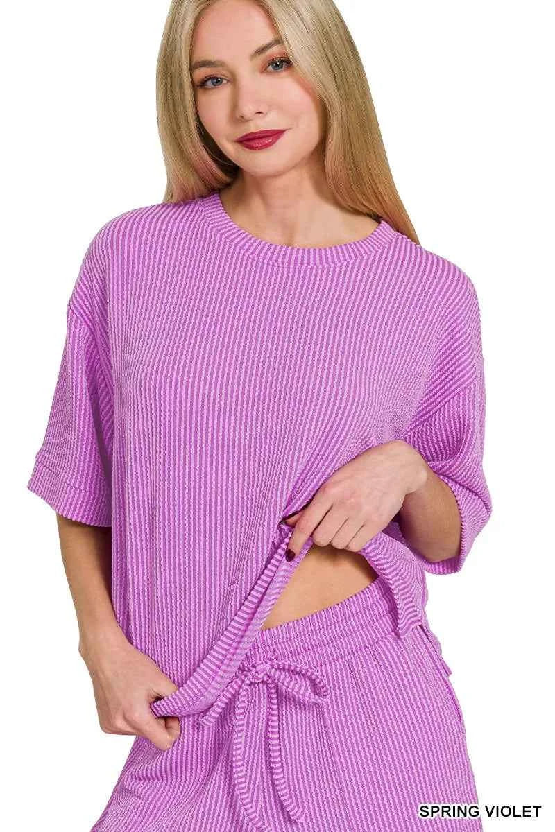 Zenana Raised Rib Short Sleeve Tee and Drawstring Shorts Set 2c8cebb9f272497eb13b732cd181af58-Max-Origin