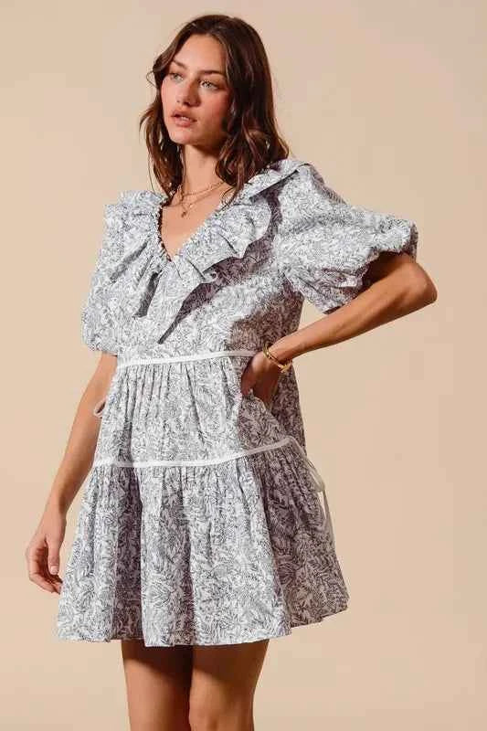 SO ME Cotton Printed Ruffle V Neckline Dress with Side Tie 2c8d6cb752004ab1bdec8cdf1125ab77-Max-Origin