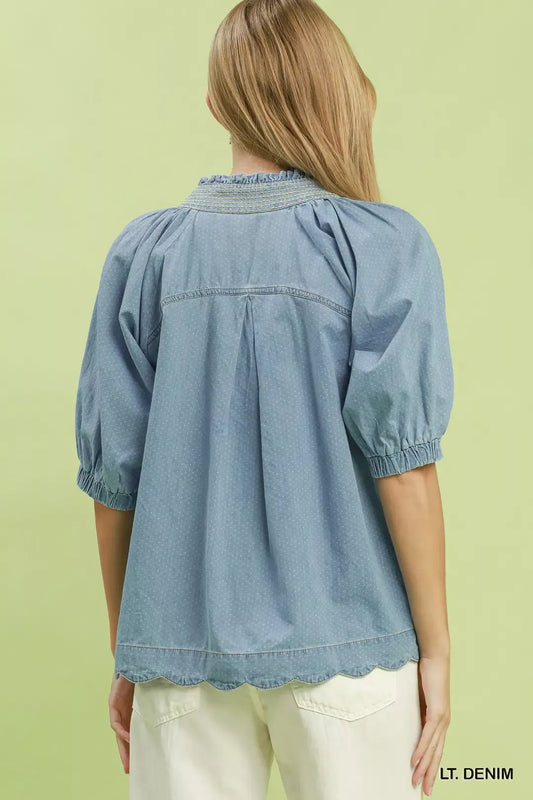 Textured Puff Sleeve Scallop Hem Blouse 2c975107-6e9d-4718-933a-8ad3472bdb0e-Max-Origin