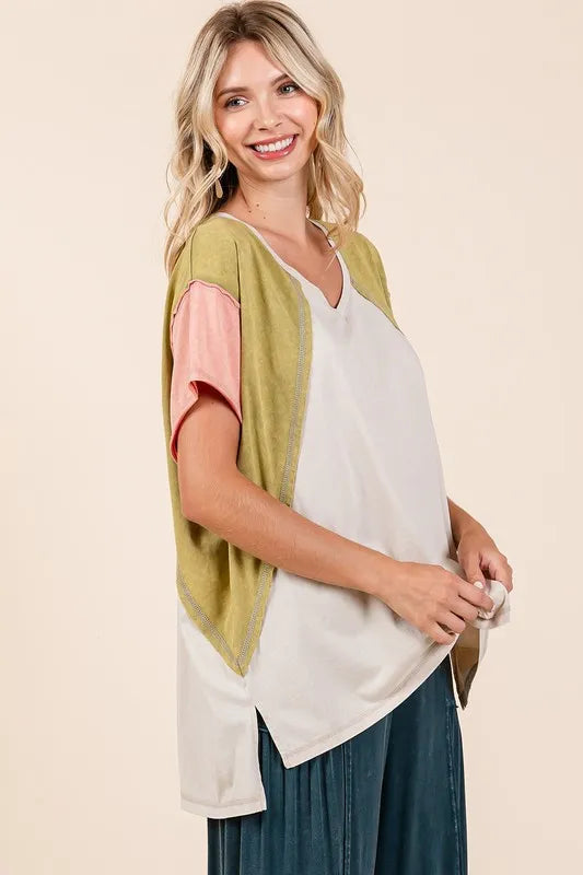 Color Block V-Neck Short Sleeve T-Shirt 2c98682c-d707-4c01-8a5b-6aa3c116c7b4-Max