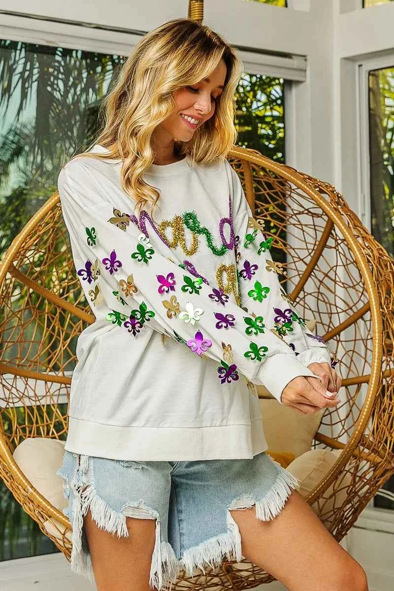BiBi Fleur De Lis Sleeve Mardi Gras Pullover 2c99388c4f44407e8201981334089acd-Max-Origin