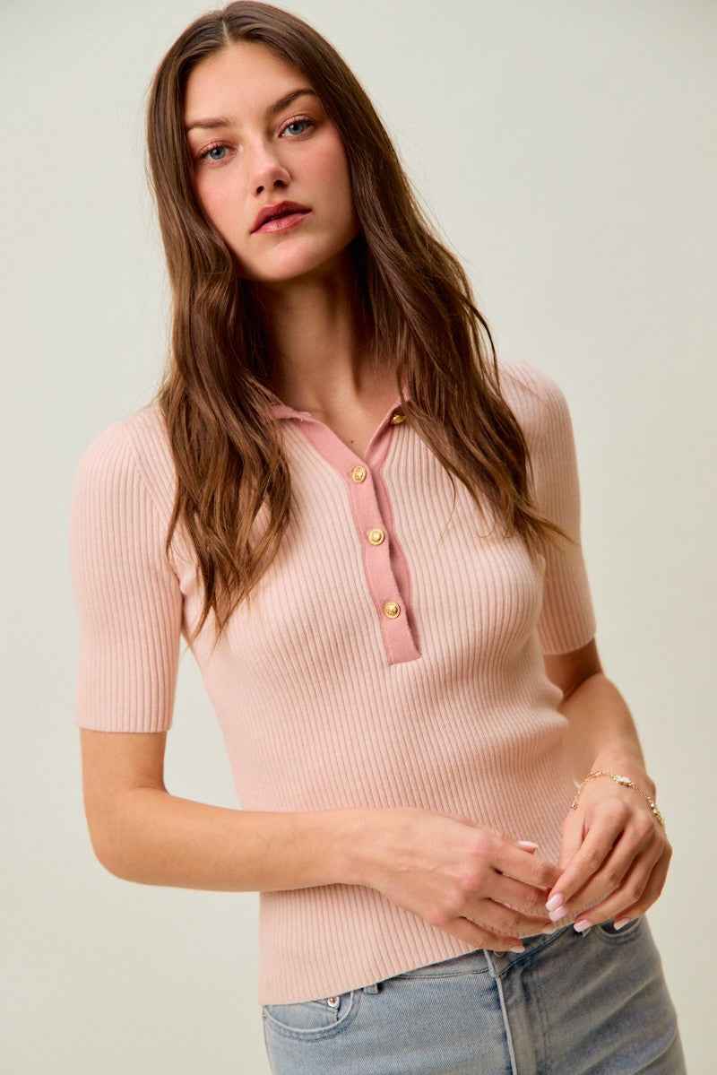 SO ME Contrast Collar Stretchy Rib Knit Short Sleeve Top 2ca17388d0b04e589c9dc22070cac11f-Max