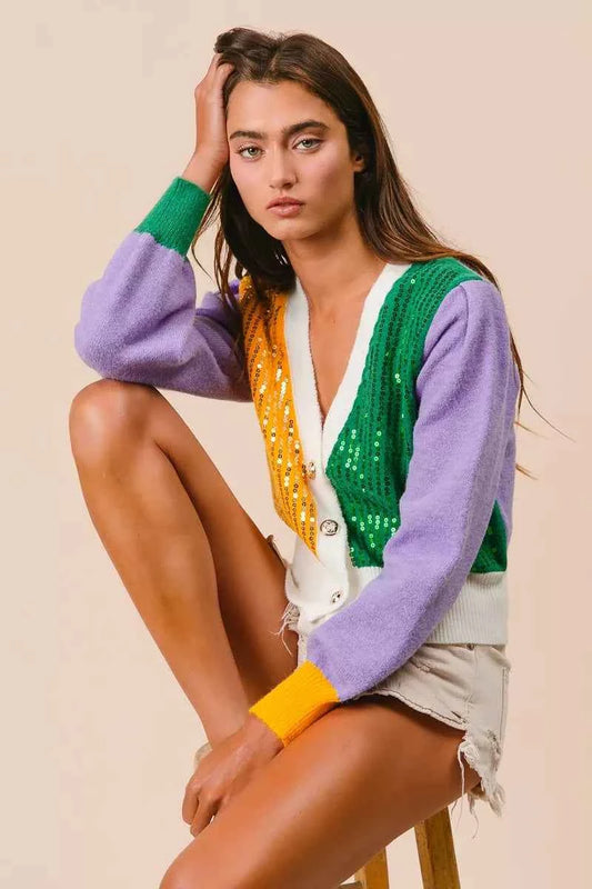 Mardi Gras Color Block Sequin Sweater Cardigan 2ca1e56e78774e93b5a102dbb651529c-Max-Origin