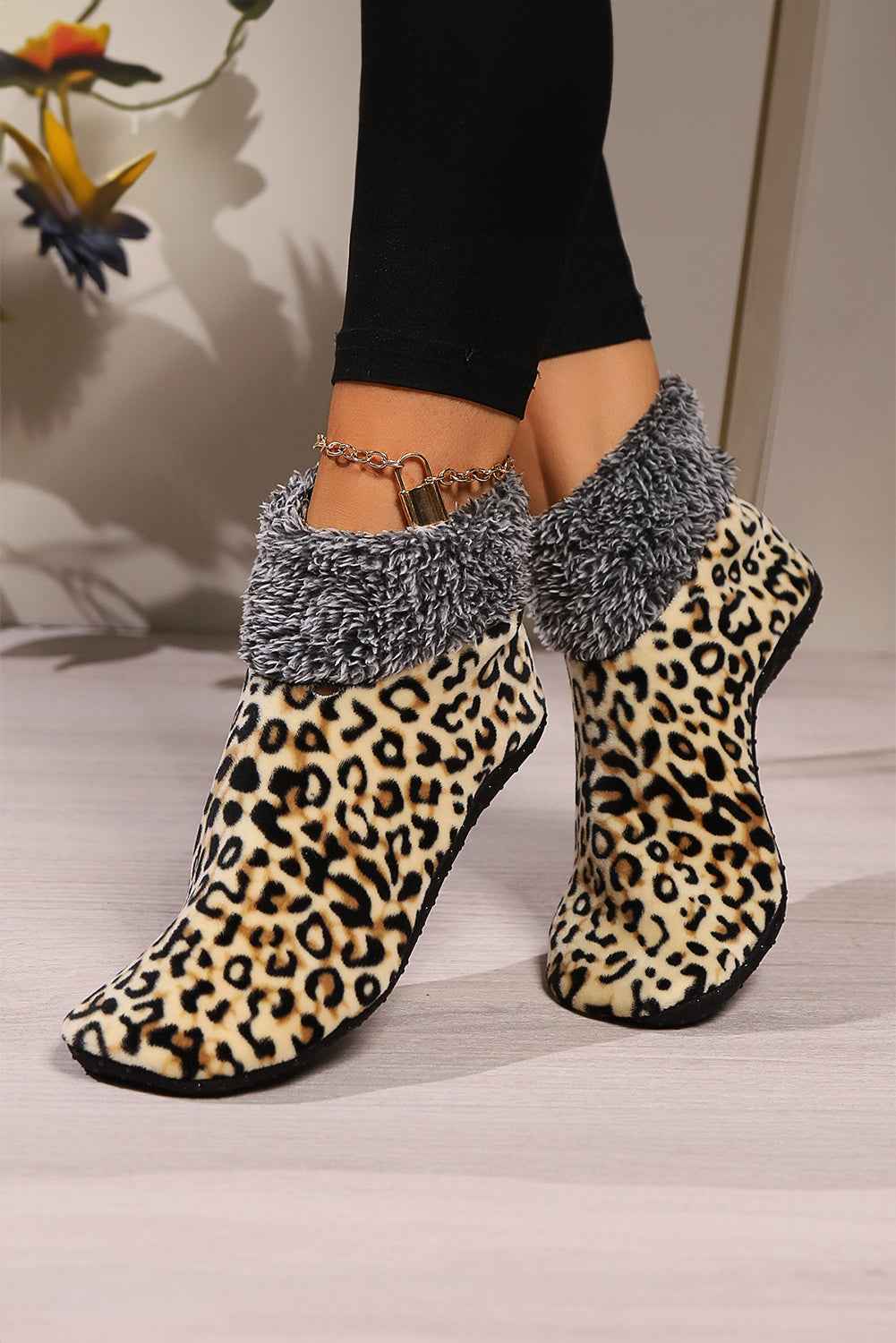 Beige Leopard Print Anti Skid Warm Slipper Socks Beige ONE SIZE Terylene 2ca75614eb238df9