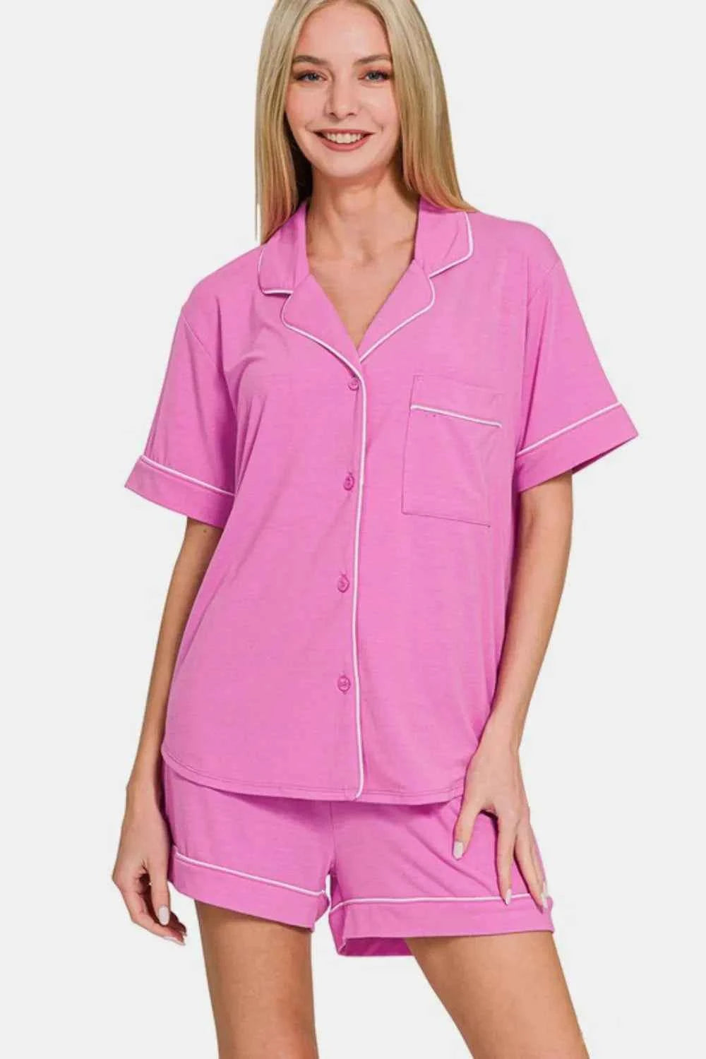 Zenana Button Down Short Sleeve Top and Shorts Lounge Set BRIGHT MAUVE 2caac9fe-e649-4b4c-9370-f71b7338dc3a-Max