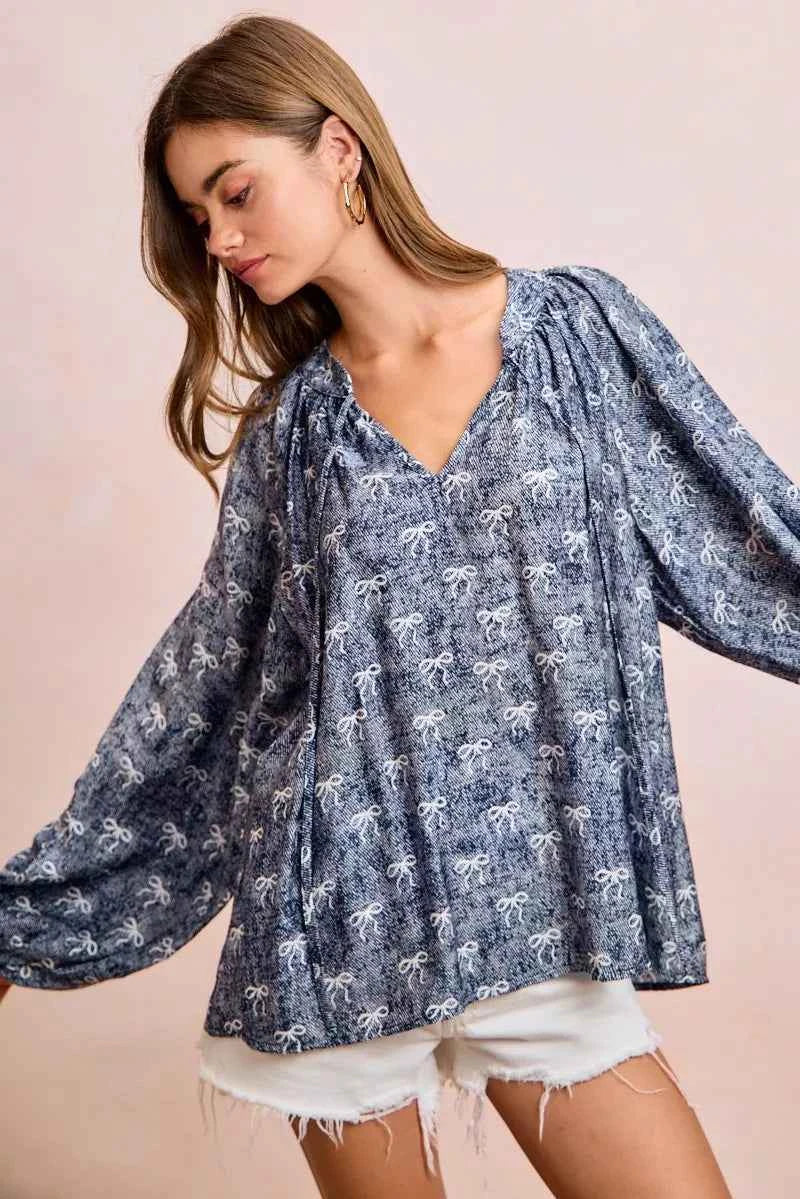 BiBi Ribbon Bow Print Exaggerated Balloon Sleeves Top 2cb7b39e704840c6a7911804fd3d4e31-Max-Origin