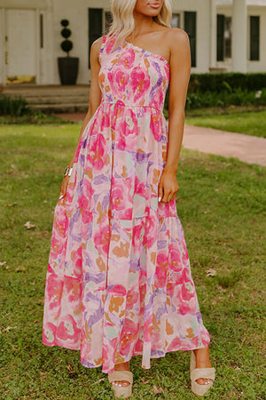 Pink Abstract Floral Print Shirred One Shoulder Maxi Dress Pink 100%Polyester 2cb81f679e508a46