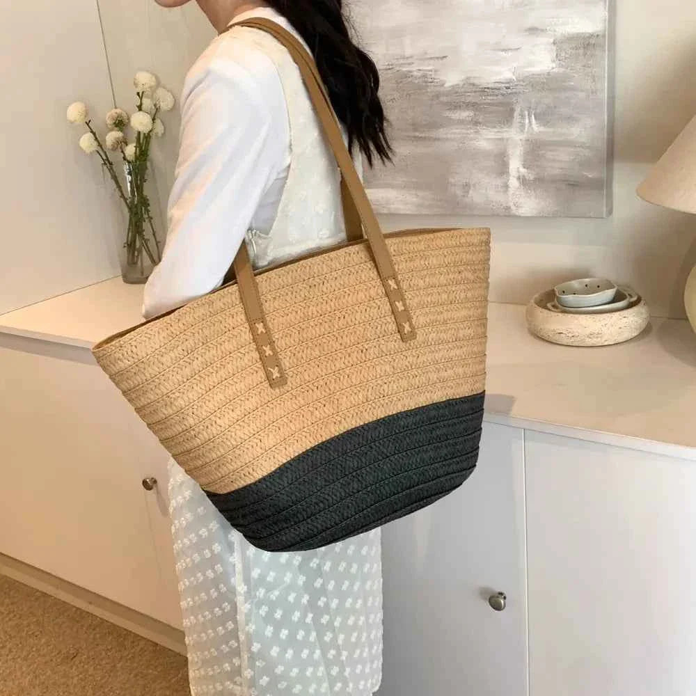 Contrast Straw Braided Handbag Camel One Size 2cb9fb98-8354-4498-83dd-4c9ca9d5fe95-Max