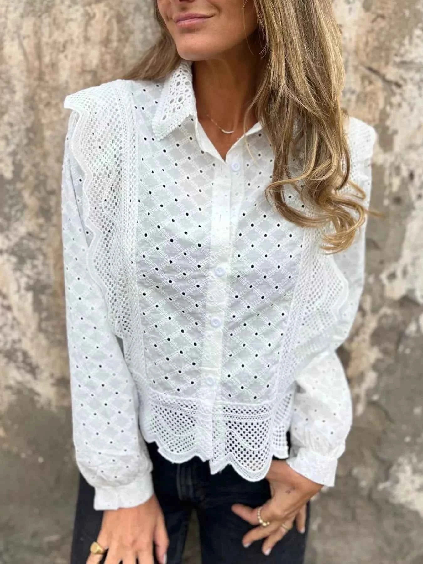 Eyelet Button-Up Shirt with Scalloped Hem White 2cbc5857-5fd2-4576-9e76-98cf051e153f-Max-Origin