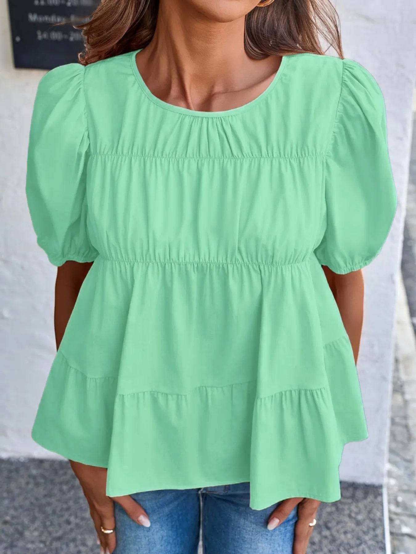Tiered Round Neck Puff Sleeve Ruched Blouse 2cbd387a-ef1e-4f06-a96f-cae9e808ff22-Max-Origin