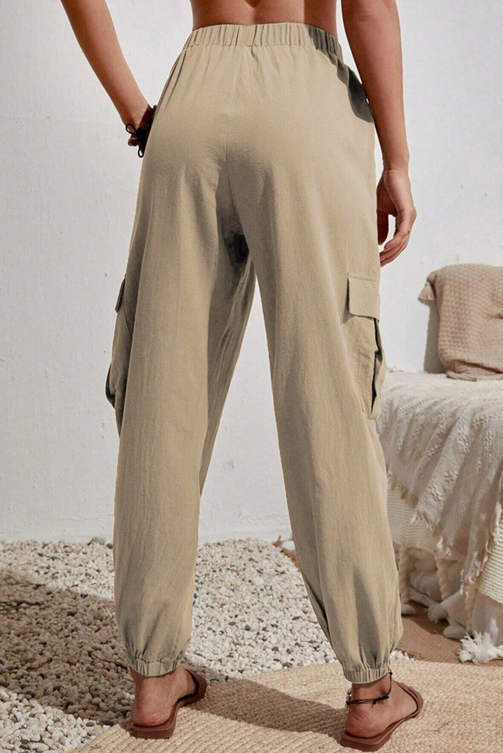 Pale Khaki Solid Color Pocket Cargo Pants 2cbeeda0d40e19e8
