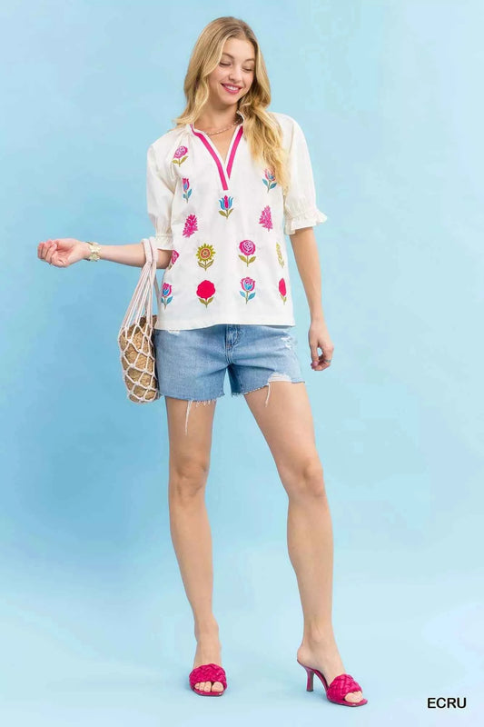 Embroidered Floral Top with Contrast Trim 2cc6c63f-4b01-414f-bf51-a229c6983688-Max-Origin