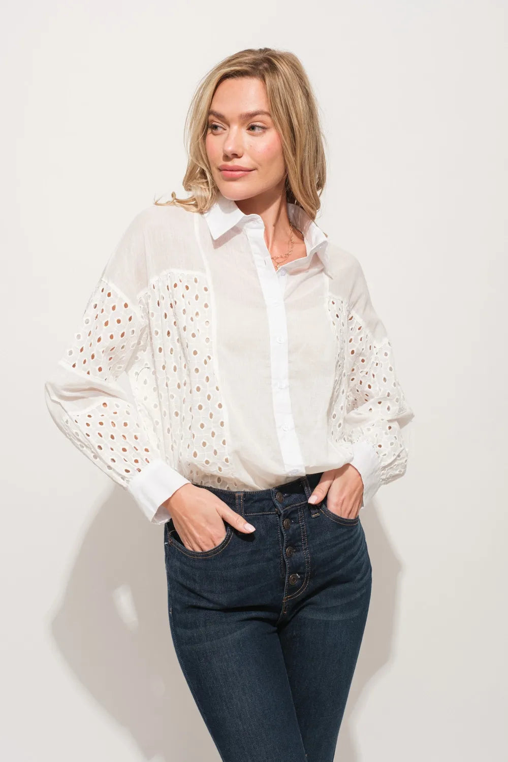 Eyelet Long Sleeve Button Down Shirt - 100% Cotton Opaque 2cd7184f-56c4-483b-8cea-d590532a9ebc-Max
