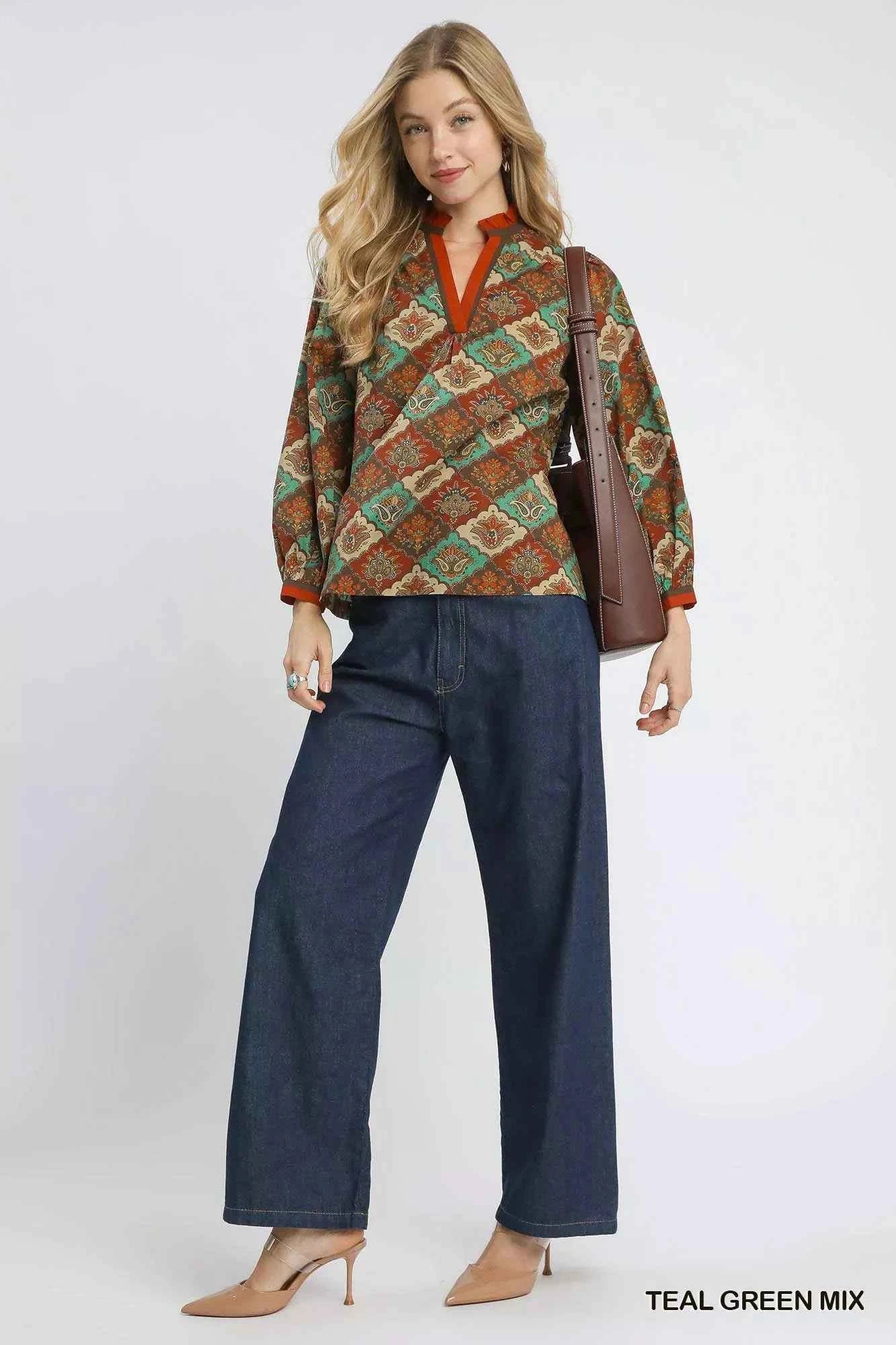 Umgee Abstract Print Ruffle Neck Top 2cd8d9cb-8fa4-406e-9c72-d864fb810b63-Max-Origin