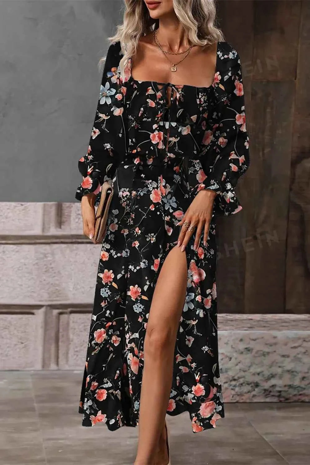 Floral Print Flounce Sleeve Midi Dress Black 2cdca797-c25b-4ee3-b407-8d229f894a05-Max-Origin