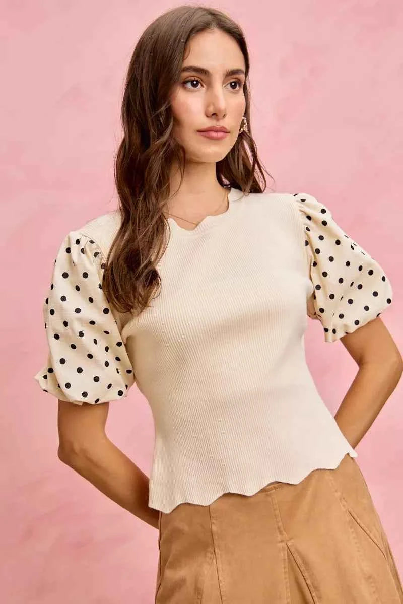 SO ME Polka Dot Contrast Woven Ballon Sleeve Blouse CREAM BLACK 2cde2e20ffd146faabe58824e7b125da-Max-Origin