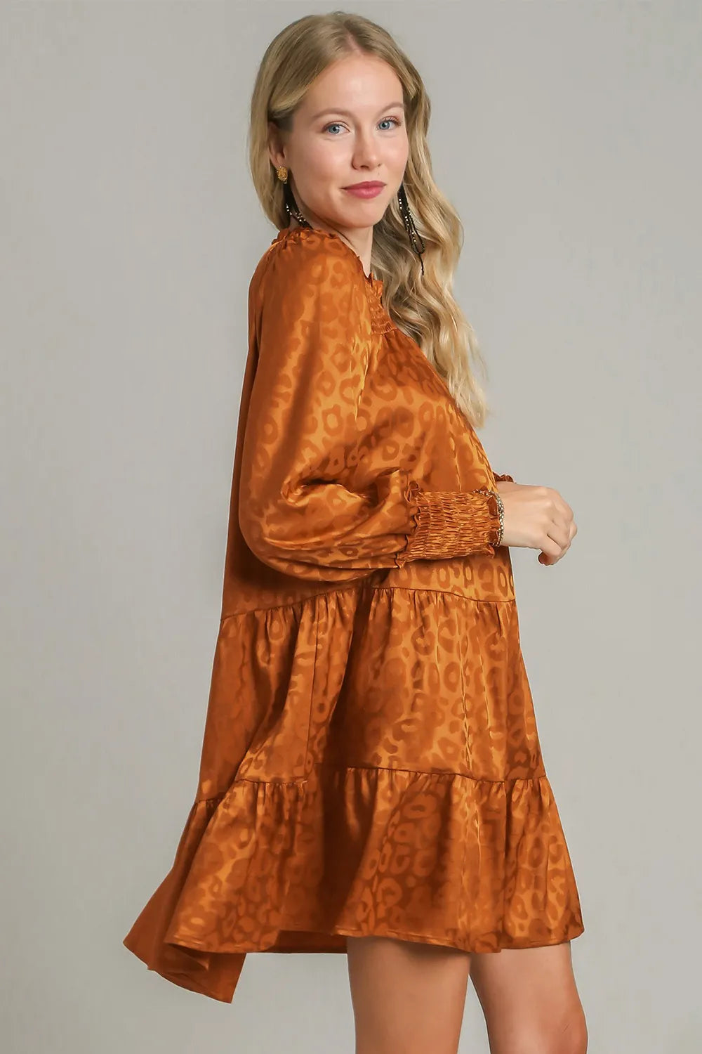 Umgee Smocked Leopard Long Sleeve Tiered Dress 2cde5682-50c0-4112-8457-66e53f0efb3a-Max