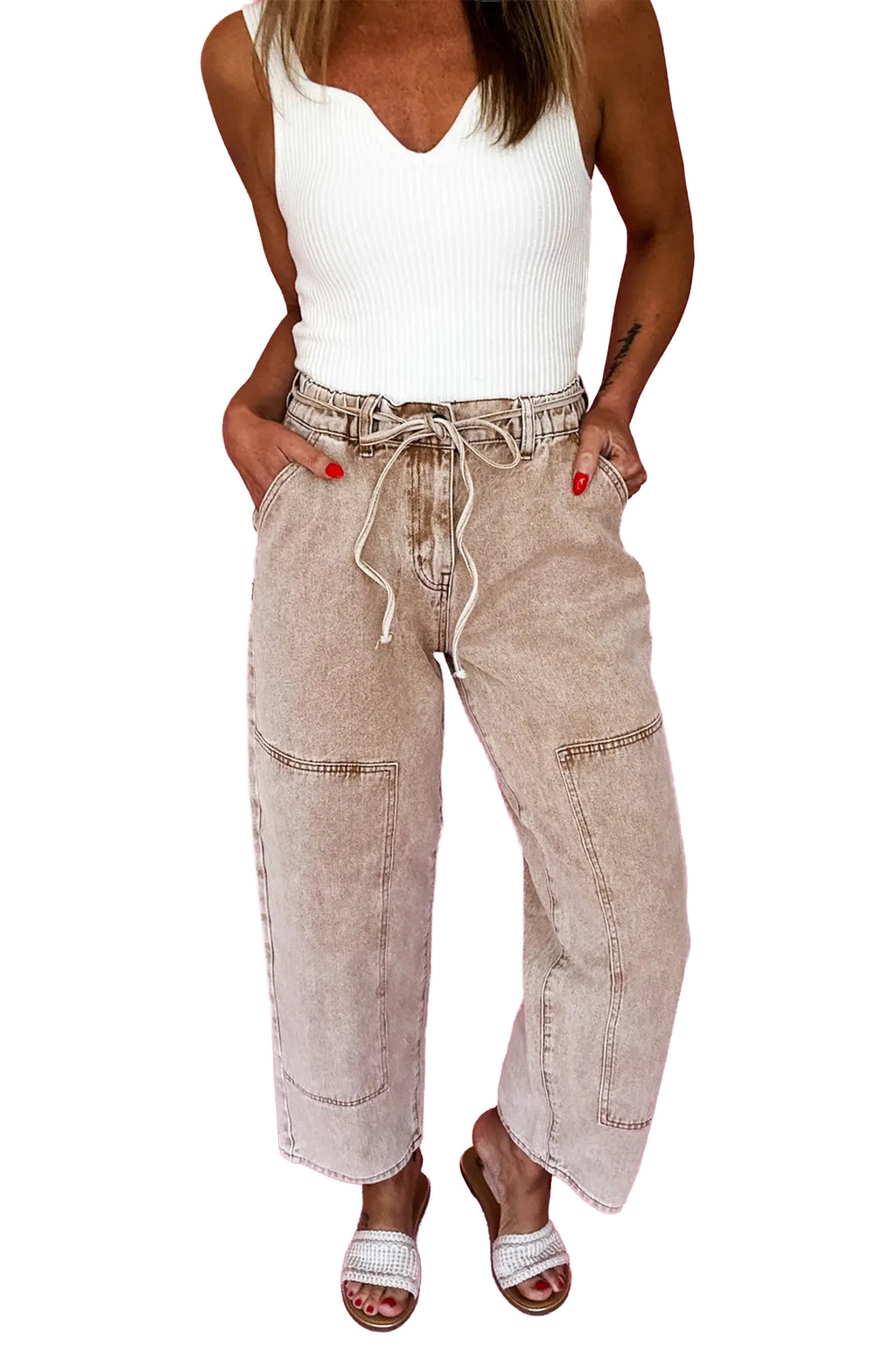 Smoke Gray Acid Wash Barrel Fit Denim Pants with Waist String 2ce38689abf2b4c5