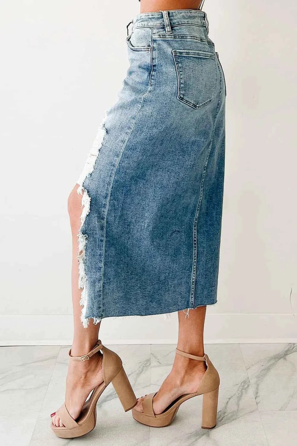 Distressed Asymmetrical Denim Skirt with Frayed Hem 2ce58c45-4ff0-4edd-9903-f75a042703ec-Max-Origin