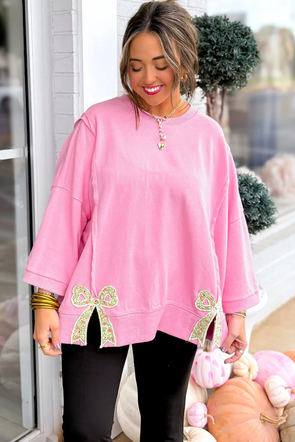 Pink Floral Bow Patched Exposed Seam Patchwork Slit Baggy Sweatshirt 2ce5e97dce3b66ef