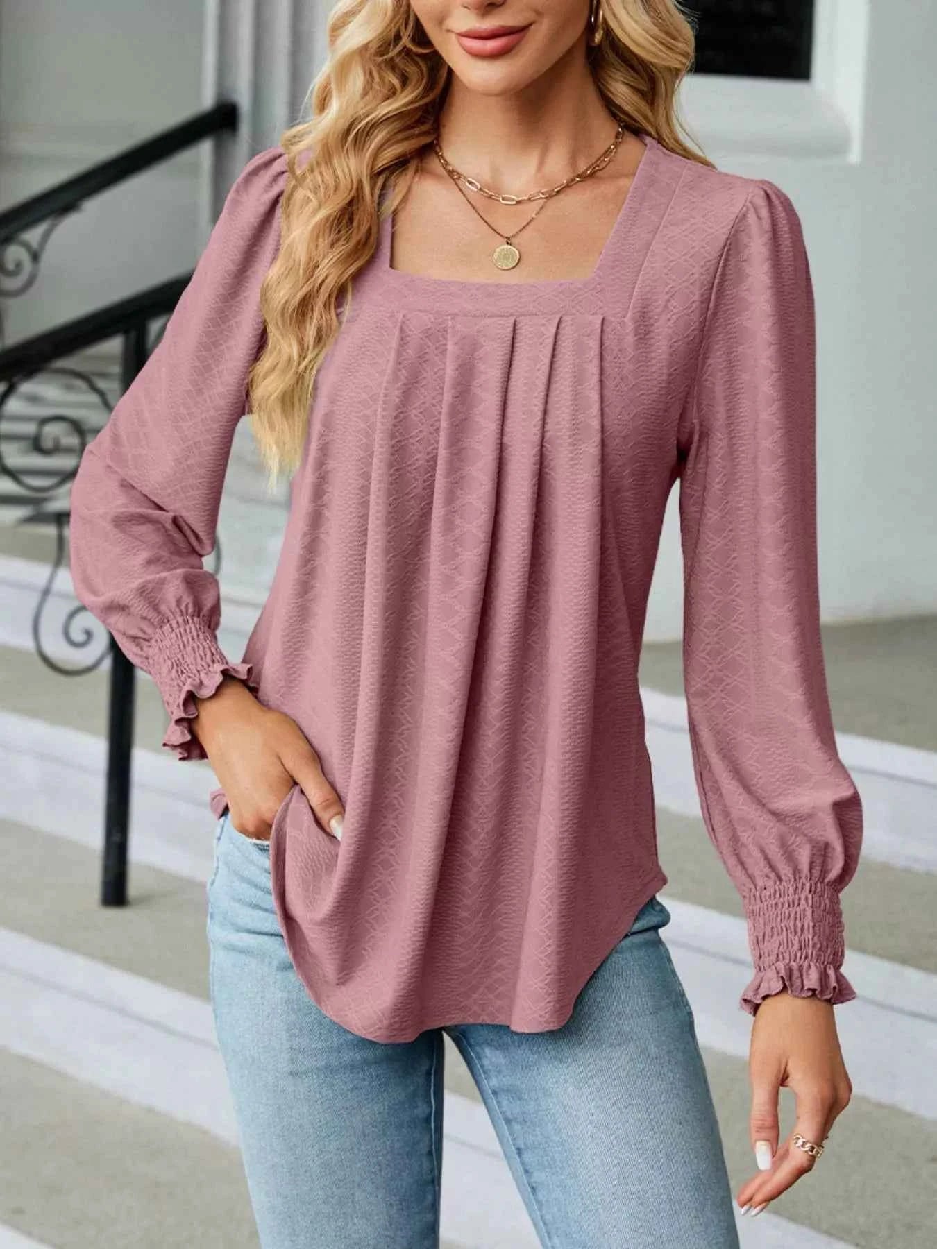 Pleated Square Neck Long Sleeve Top Dusty Pink 2ce680e9-42bc-402d-84d3-af04f0890b82-Max-Origin
