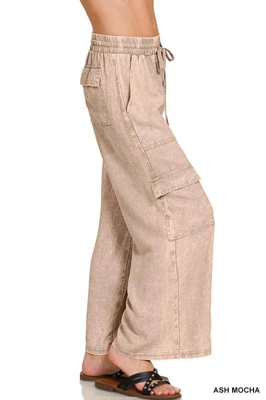 Washed Linen Elastic Band Waist Cargo Pants 2ce708e237454e09bd4d189951dd2411-Max-Origin
