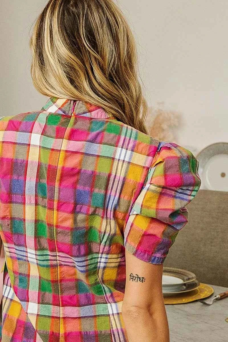 BiBi Short Puff Sleeve Washed Vintage Plaid Top 2ce9f85285d34bddb7442627fdc7168e-Max-Origin