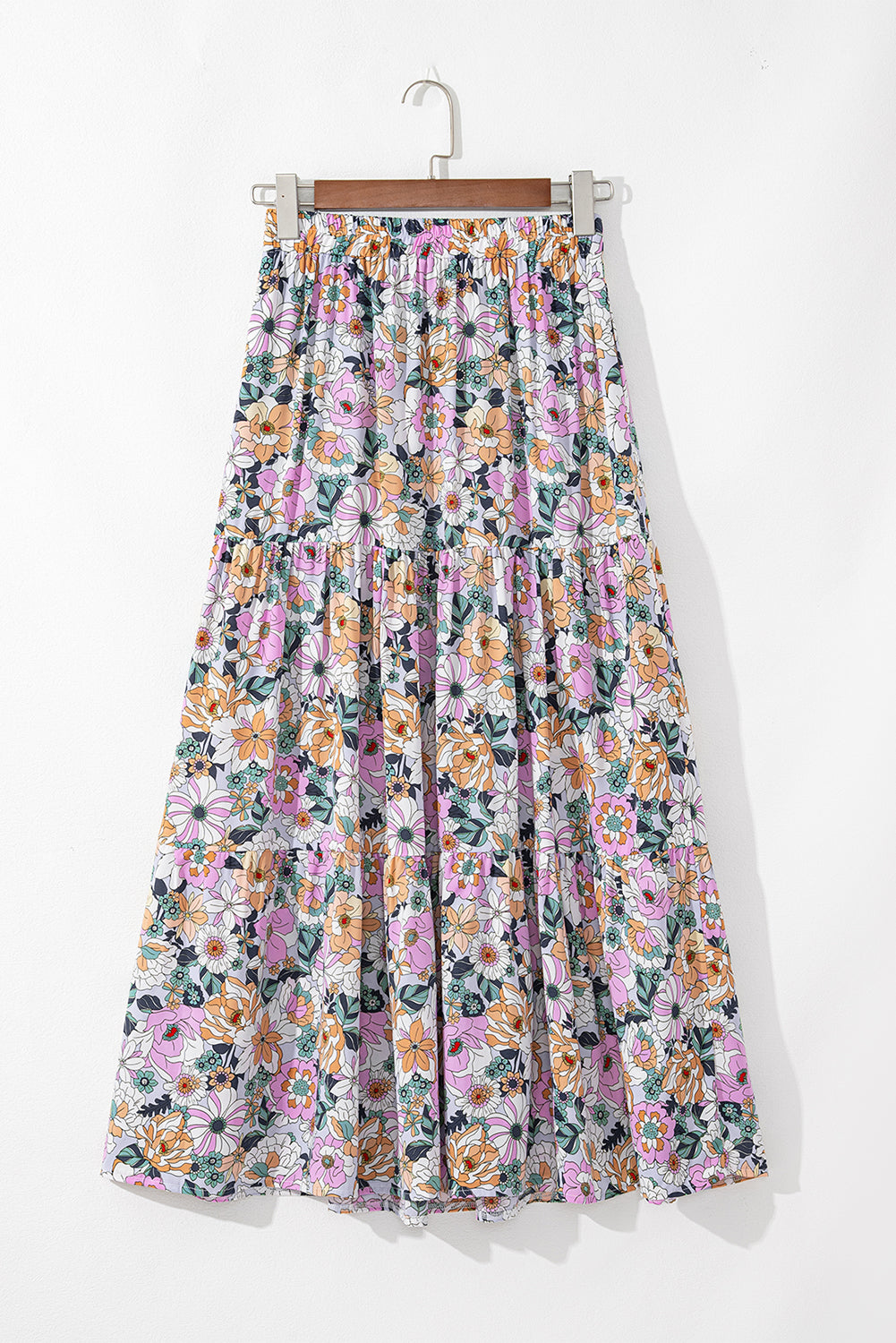 Sky Blue Bohemian Floral Print Tiered Maxi Skirt with Split 2cec47a75ce24f31