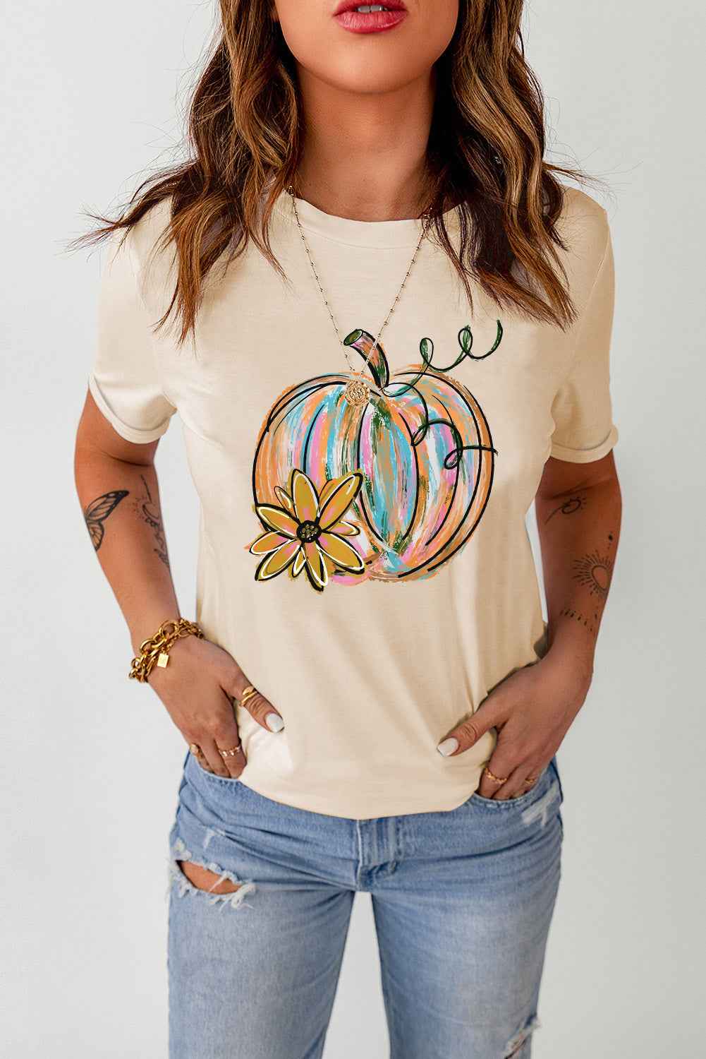 Pumpkin Graphic Round Neck T-Shirt 2cef51f84f004fe8bd96dd016b808bdd-Max
