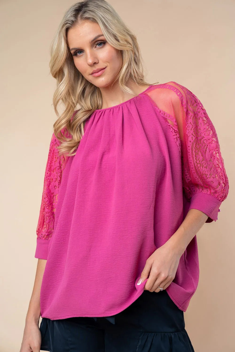White Birch Round Neck Lace Half Sleeve Blouse Mauve 2cf00c1c-1424-4f26-b16a-50f2d087eb65-Max