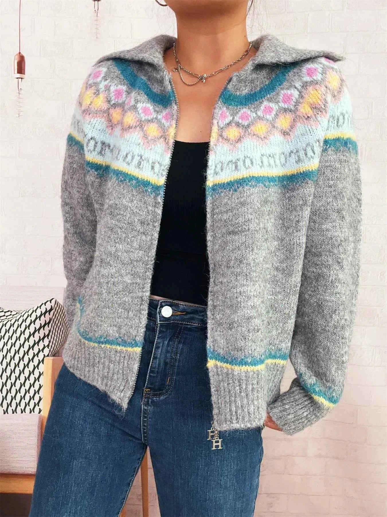 Fair Isle Pattern Zip-Up Cardigan 2cf150cb226d48b78114563c85a065e7-Max-Origin