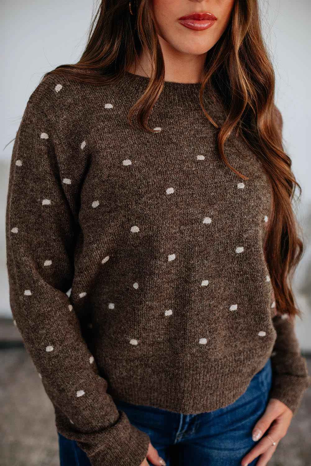 Coffee Dotted Print Ribbed Edge Knit Sweater Coffee 70%Polyester+20%Acrylic+10%Polyamide 2cf25ad0c7b02b38