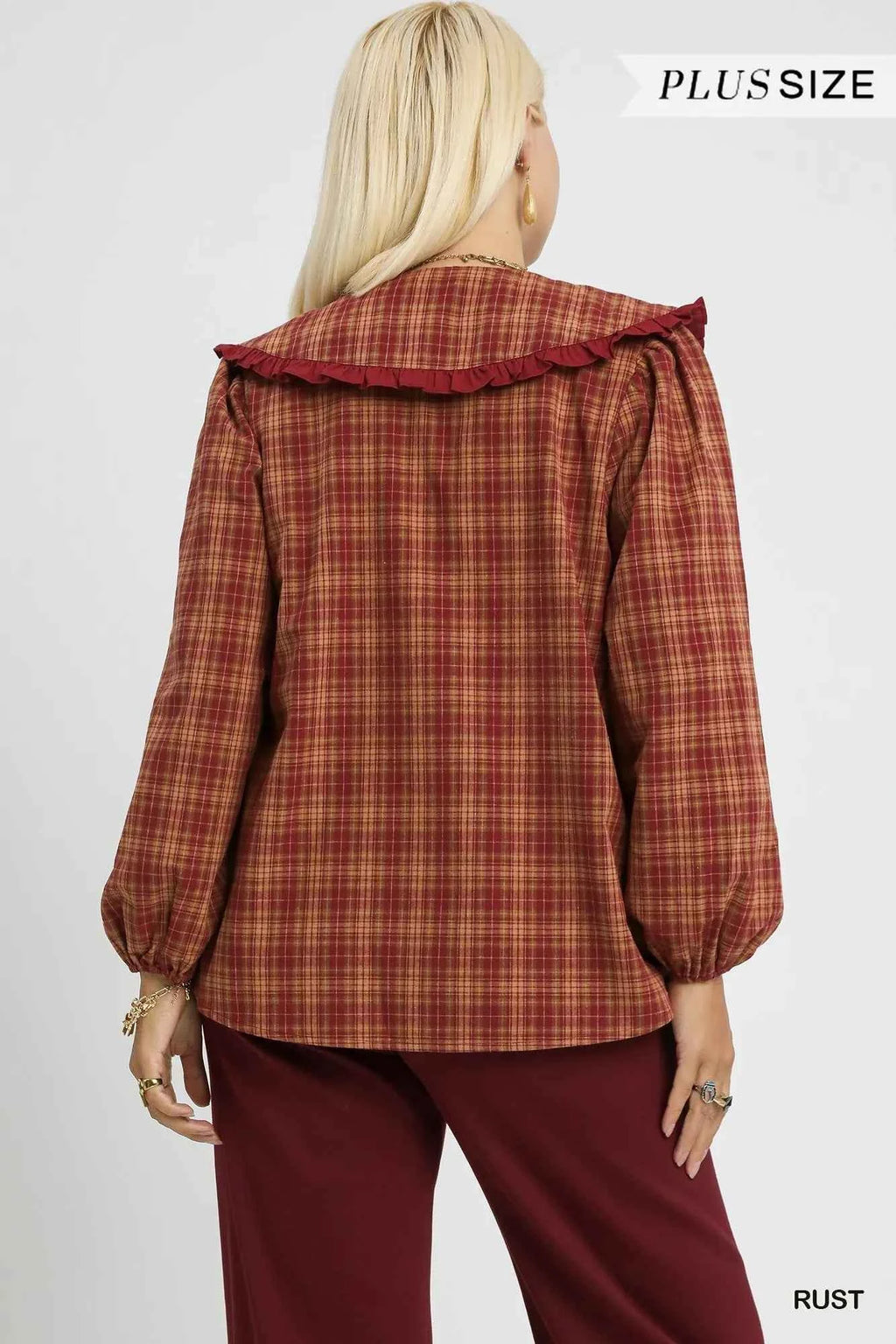 Umgee Full Size Plaid Ruffle Collar Blouse Plus Size 2cfb4c09-376e-4d9c-a2c0-6dc7135d13b3-Max-Origin