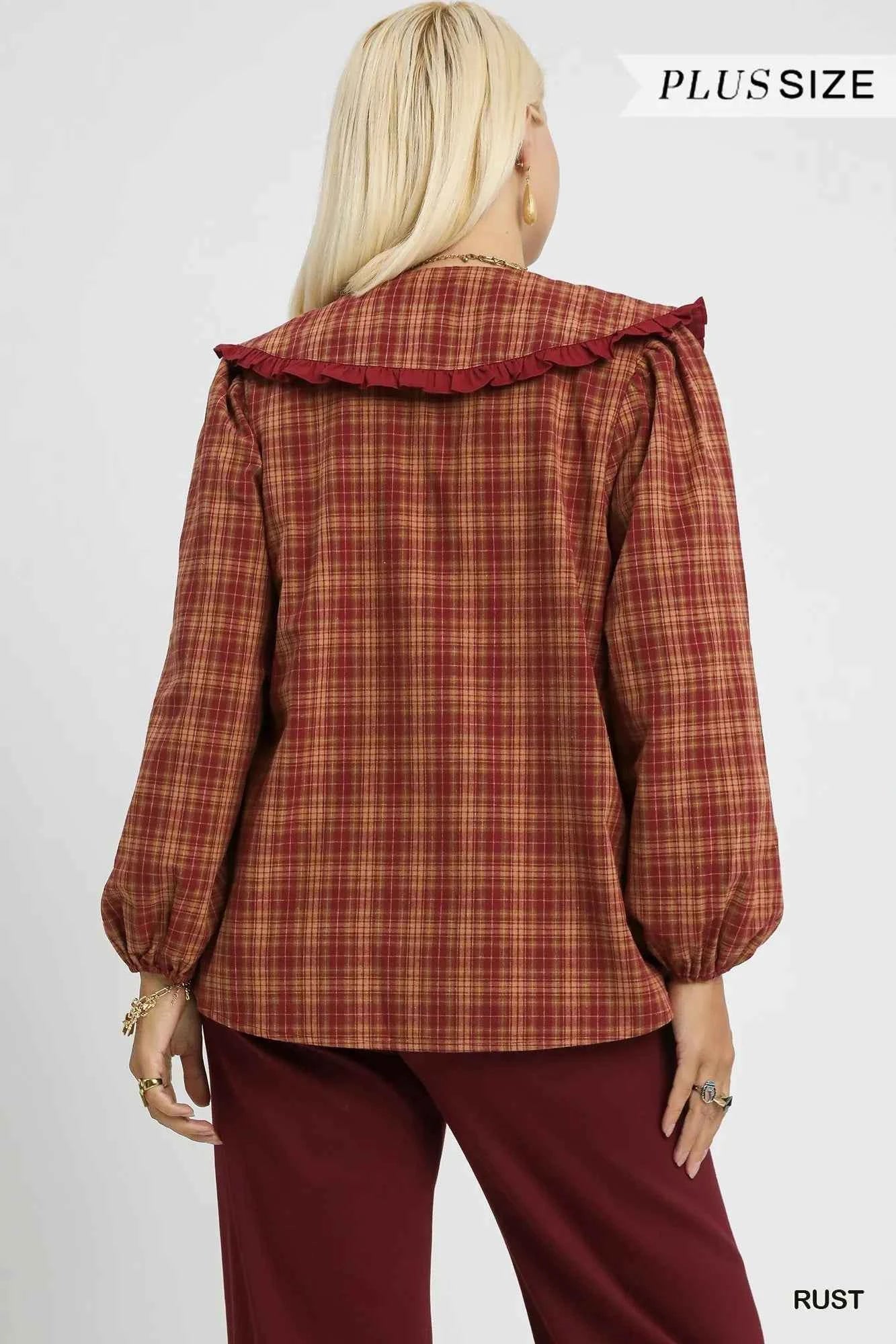 Umgee Full Size Plaid Ruffle Collar Blouse Plus Size 2cfb4c09-376e-4d9c-a2c0-6dc7135d13b3-Max-Origin