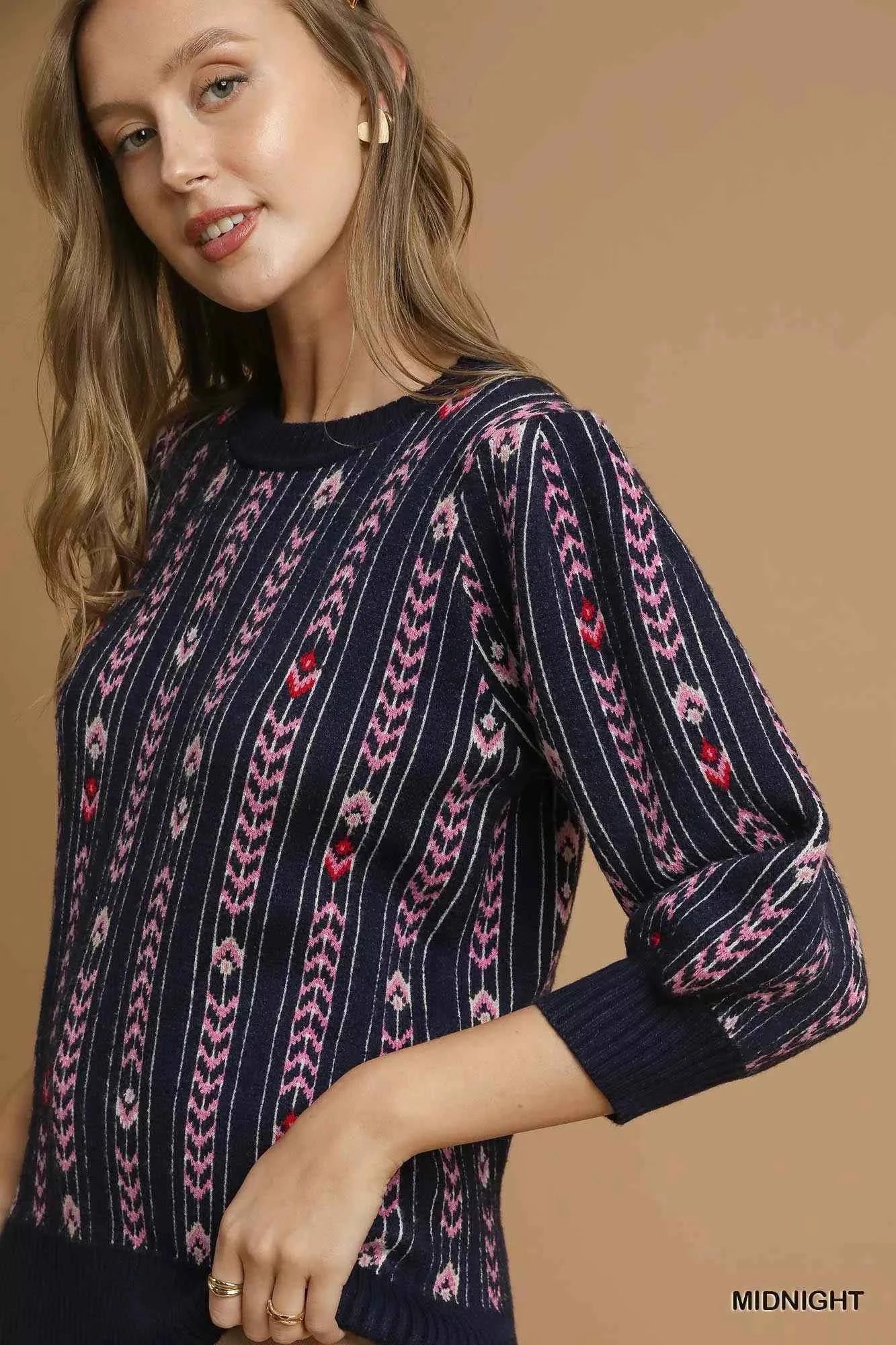 Umgee Jacquard Knit Puff Sleeve Sweater 2d002669-74b4-44f7-b003-fede61c74103-Max-Origin