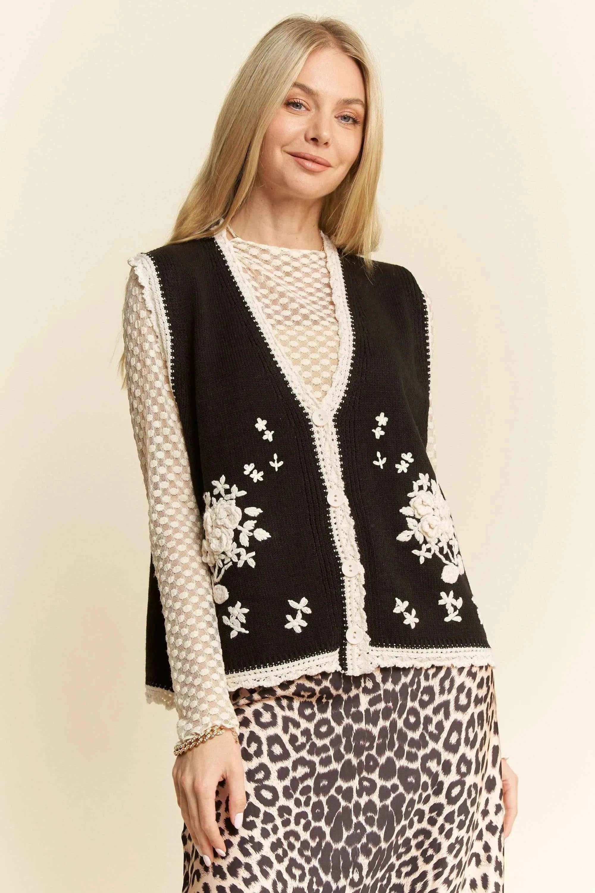 Davi & Dani Floral Embroidered Lace Sweater Knit Vest BLACK CREAM 2d00b2dc97c44b53aebf19e6687fc335-Max-Origin